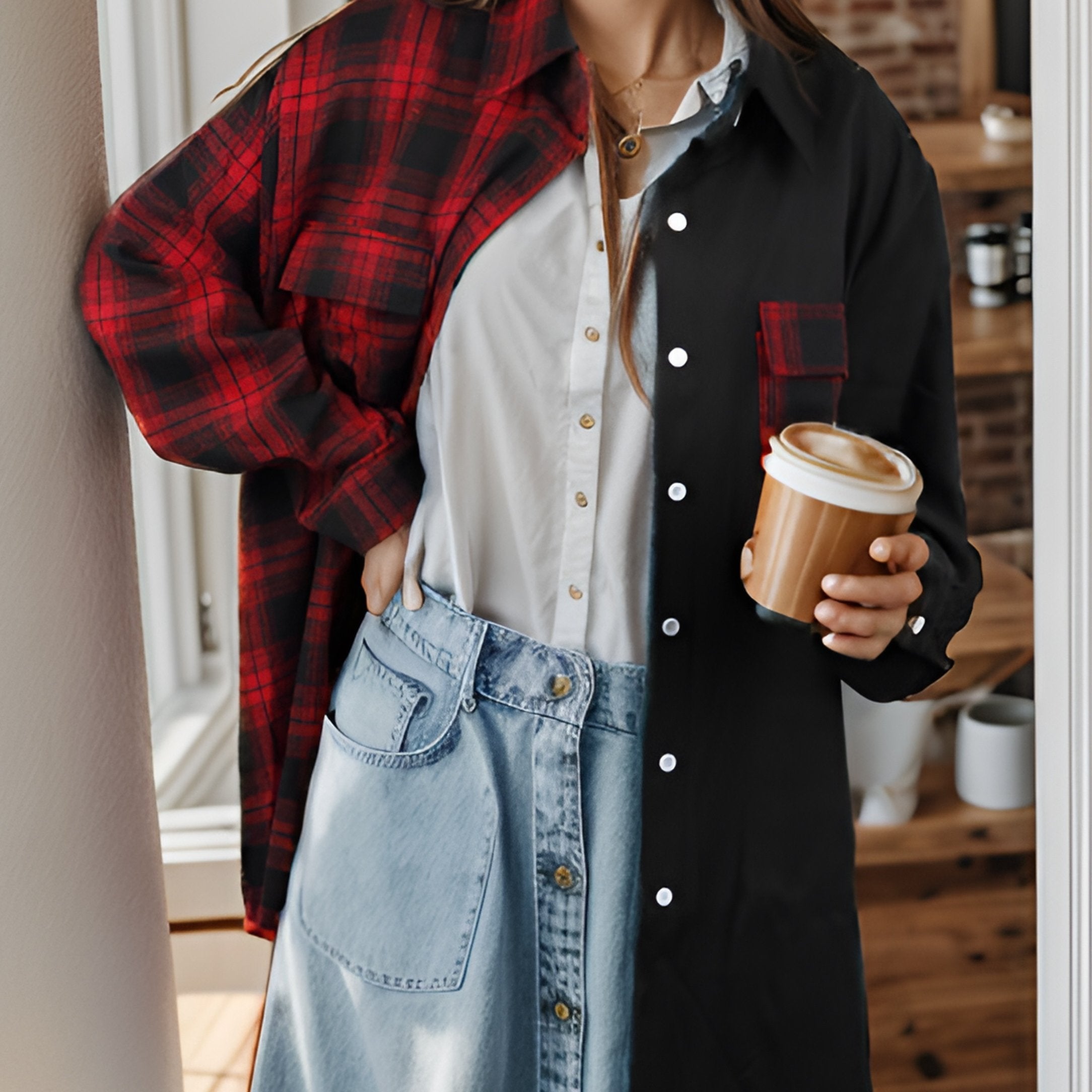  Colorblock Plaid Print Button Up Long Sleeve Blouse