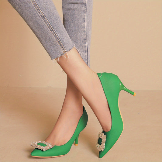 Crystal Decor Stiletto Heels Point Toe Faux Leather Pumps
