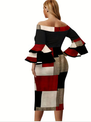  Colorblock Off Shoulder Midi Dress
