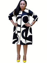 Plus Geometric Print Long Sleeve Round Neck Dress With Pockets