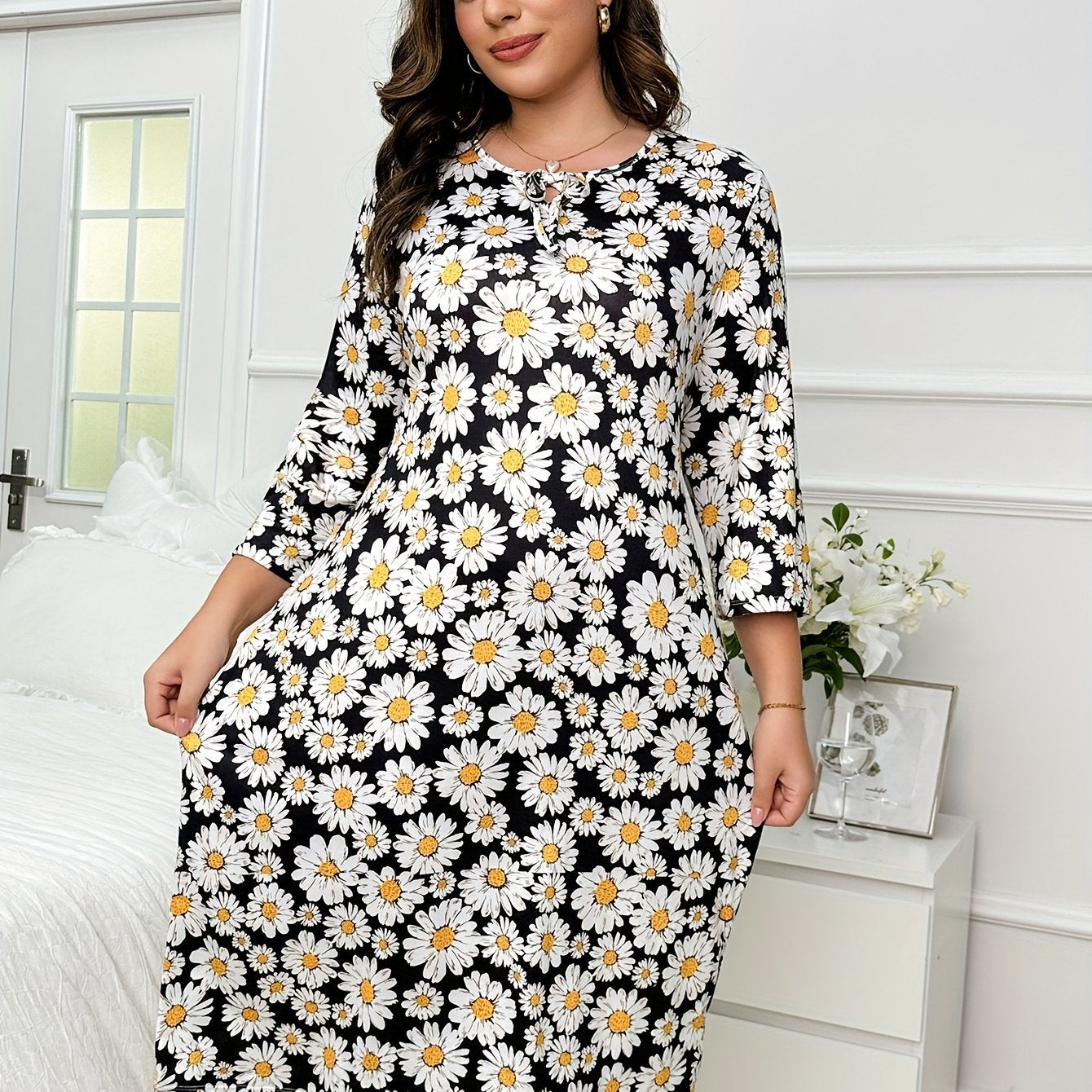  Nightdress Women's Plus Daisy Print Three Quarter Sleeve