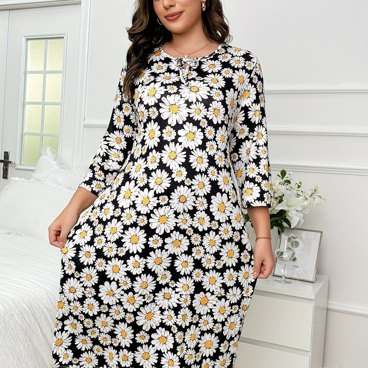  Nightdress Women's Plus Daisy Print Three Quarter Sleeve