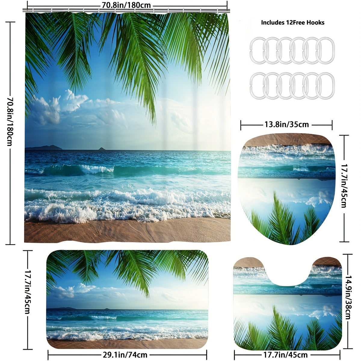 4pcs Seaside Shower Curtain Set Waterproof Bathroom Decor
