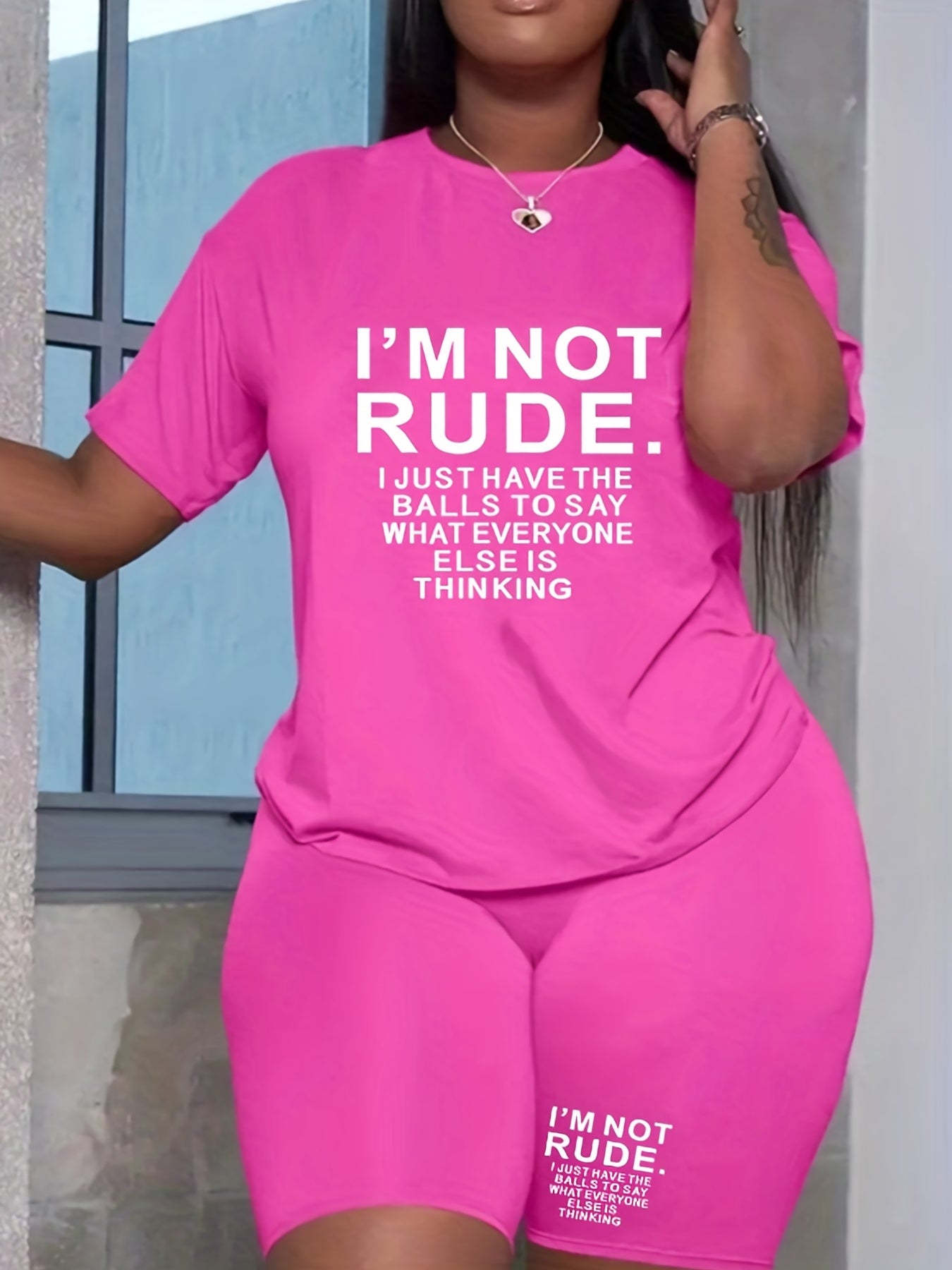  Women's Slogan Print Tee & Shorts Set