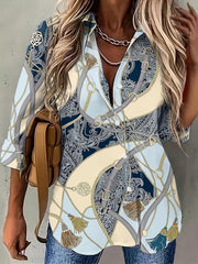  Colorblock Chain & Paisley Print Button Up Long Sleeve Blouse
