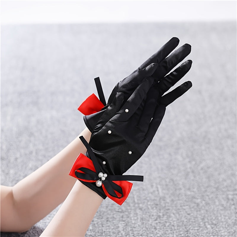 Bridal Gloves Red Bow Pearl Accents Funky Polyester Wedding Dress Accessory