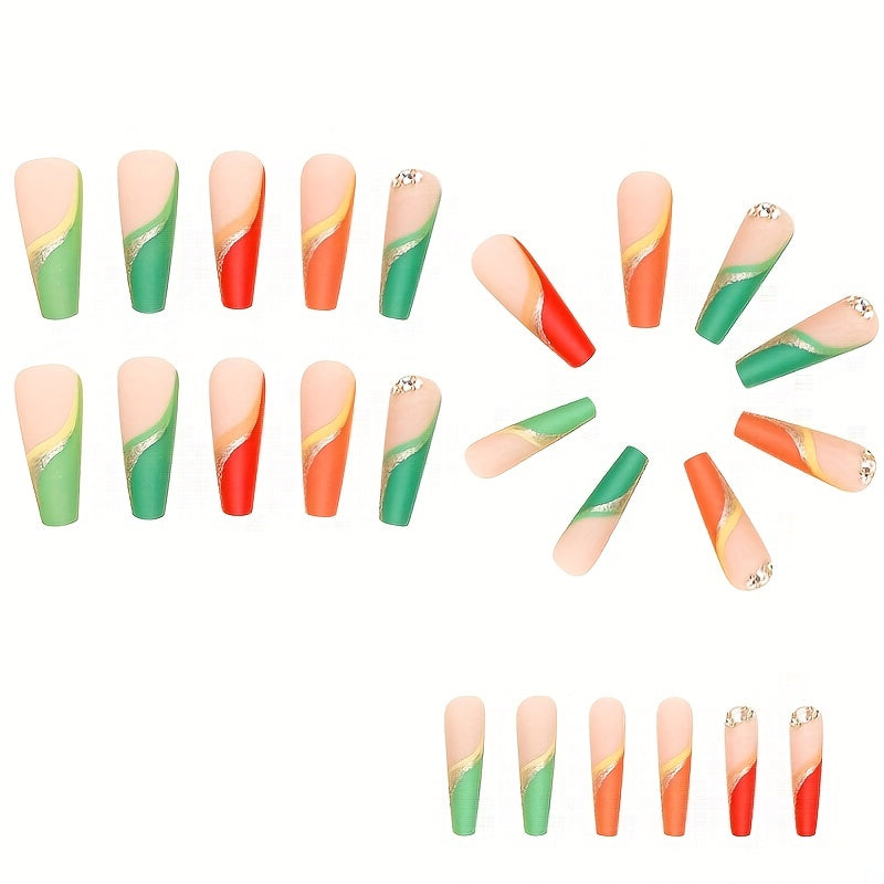 24 pcs Colorful Coffin Press On Nails with Rhinestones and Glitter