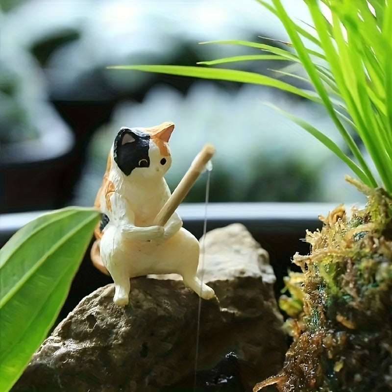Fishing Kitten Fish Tank Decoration Cat Statue Ornaments
