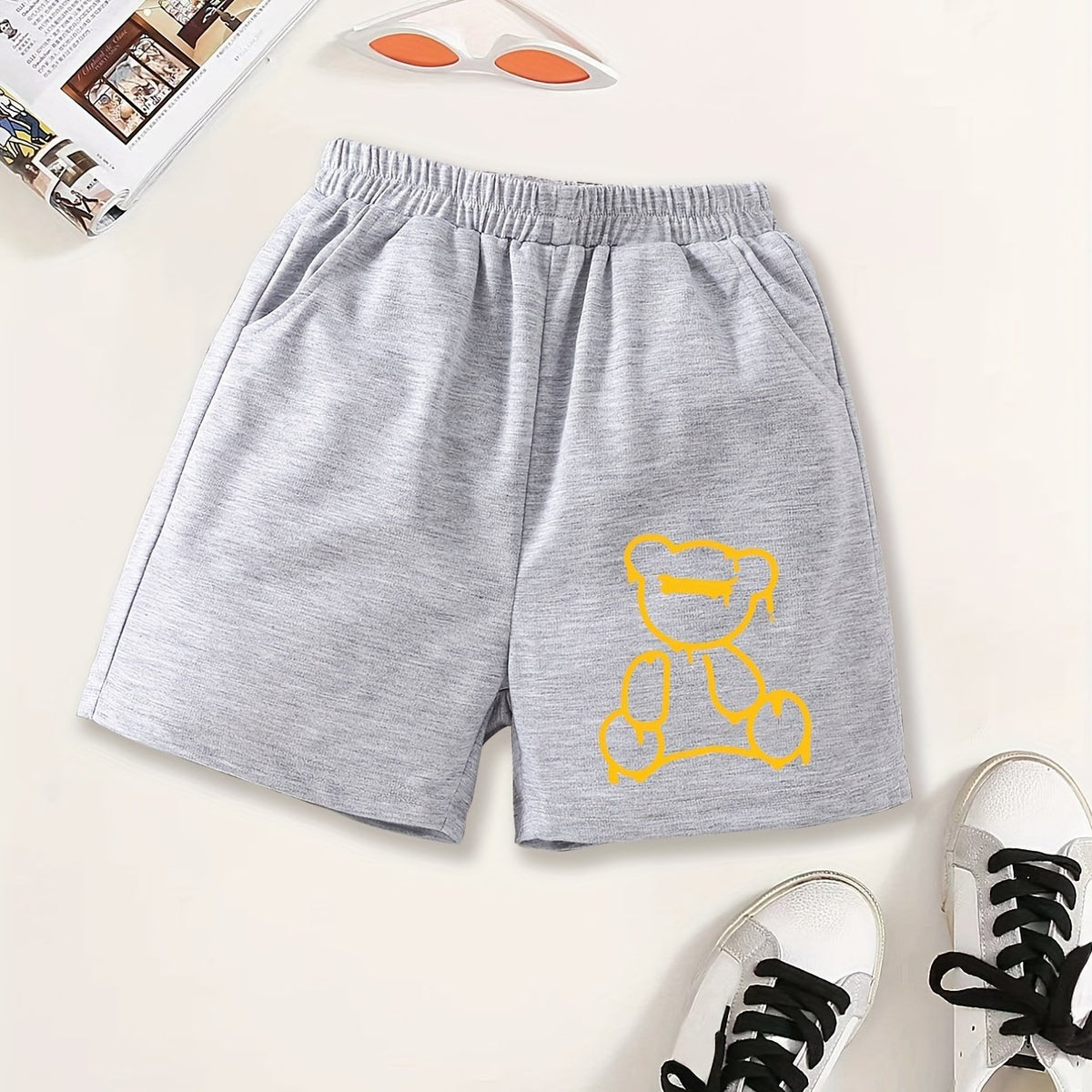 Girls Bear Figure Print Casual Sweat Shorts Elastic Waist Work Out Shorts