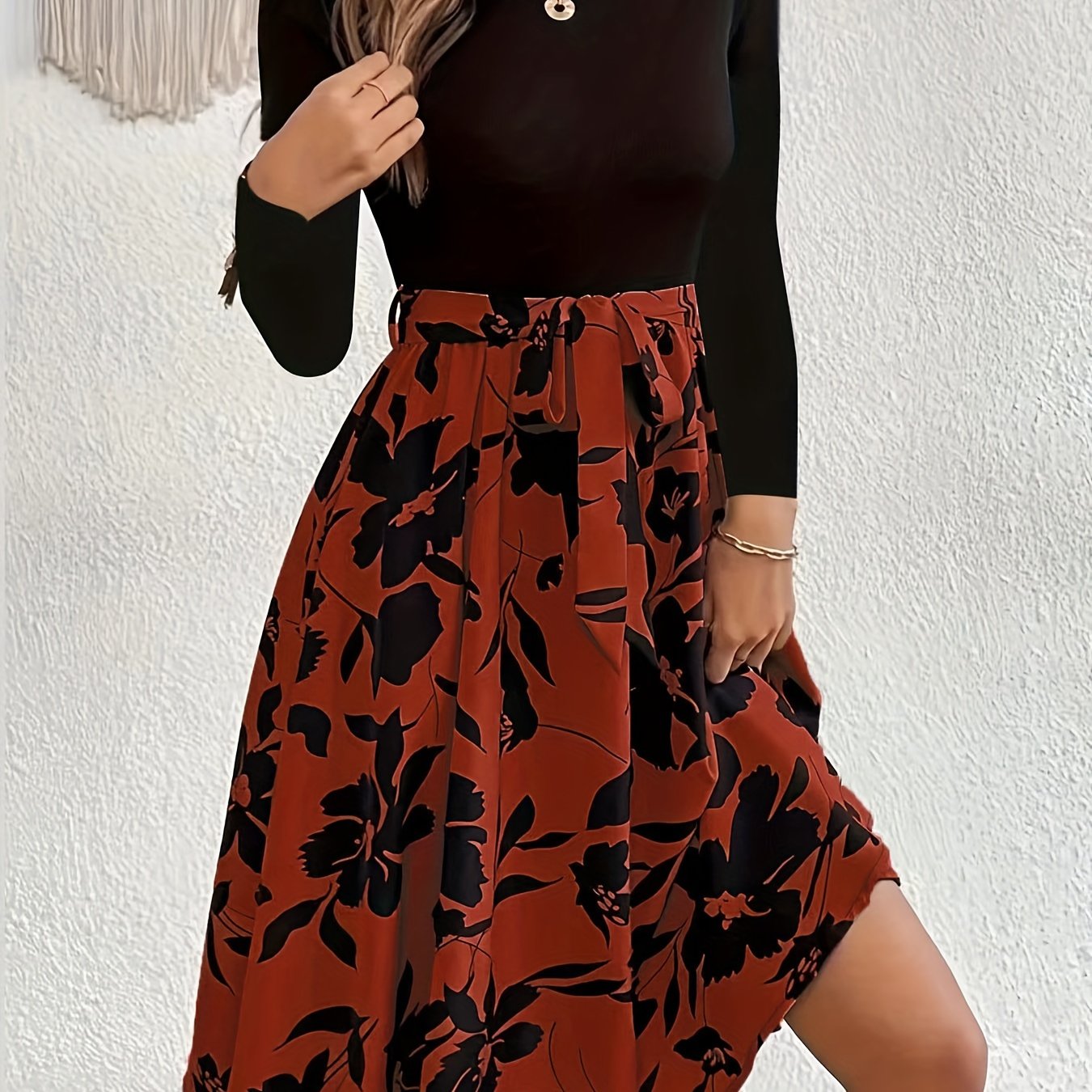  Colorblock Floral Print Long Sleeve Maxi Dress With Belt