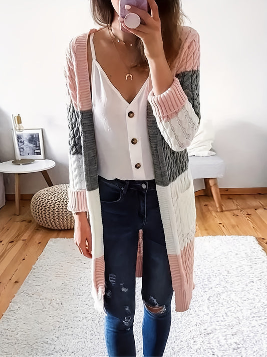  Colorblock Long Sleeve Cardigan with Pockets