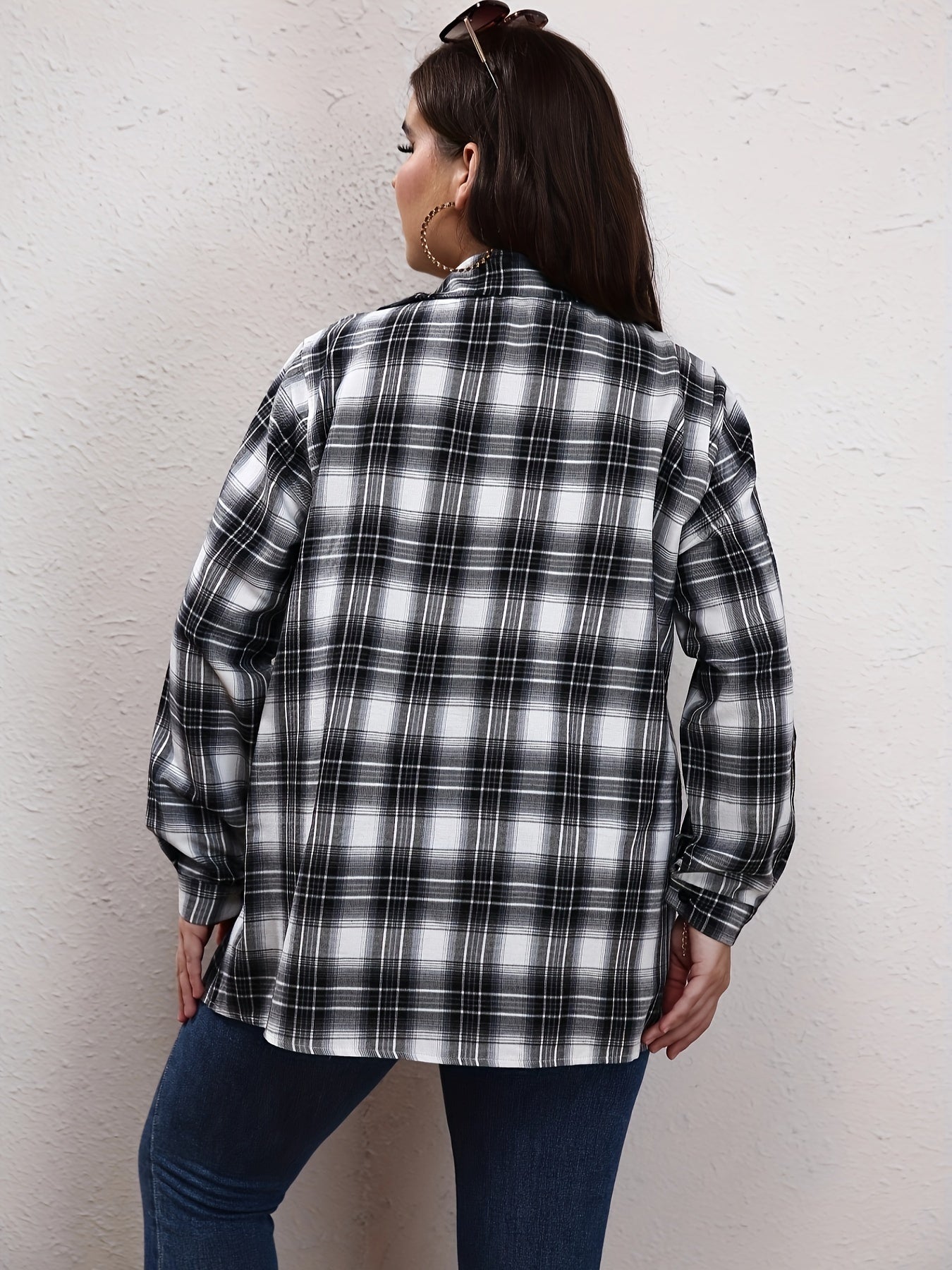  Colorblock Plaid Print Long Sleeve Blouse