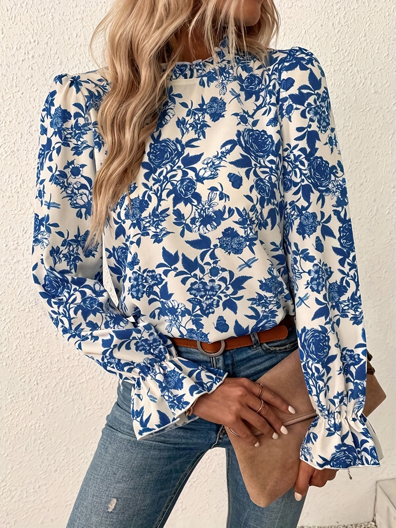  Floral Print Ruffle Sleeve Mock Neck Blouse