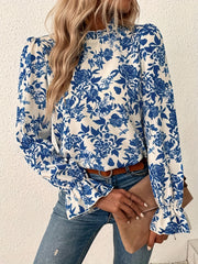  Floral Print Ruffle Sleeve Mock Neck Blouse