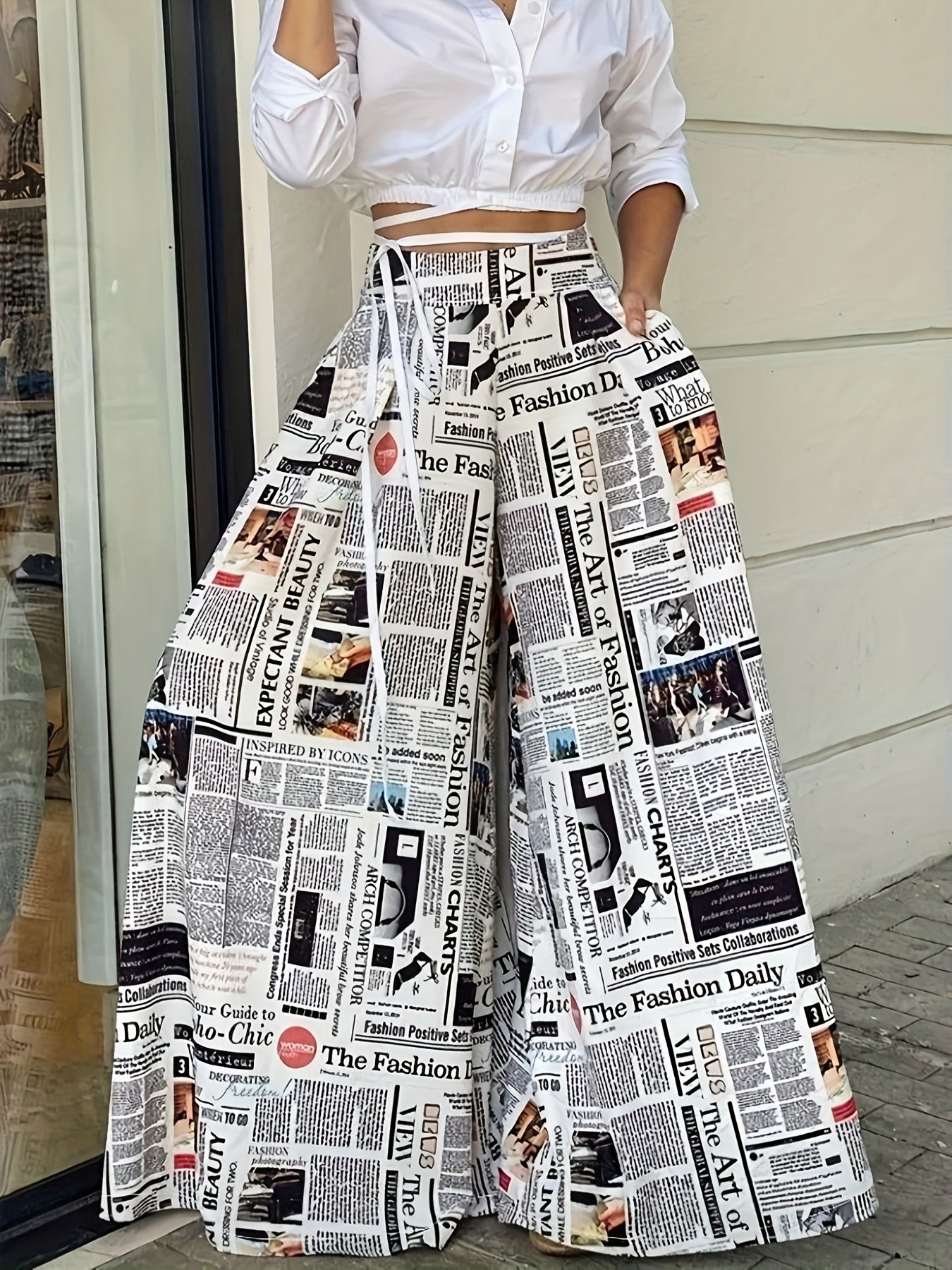 Newspaper Print Wide Leg Trousers High Rise Elastic Waist
