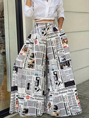 Newspaper Print Wide Leg Trousers High Rise Elastic Waist