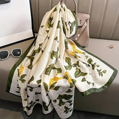 Vintage Beige Green Satin Flower Print Scarf