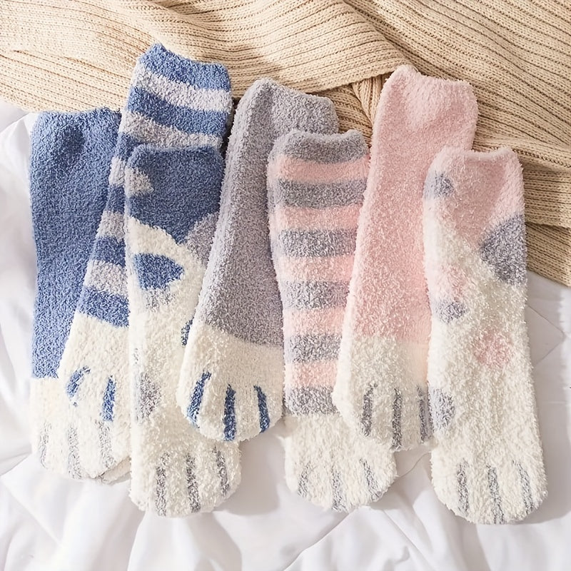 Cartoon Cat Claw Print Socks Warm & Fuzzy Stockings