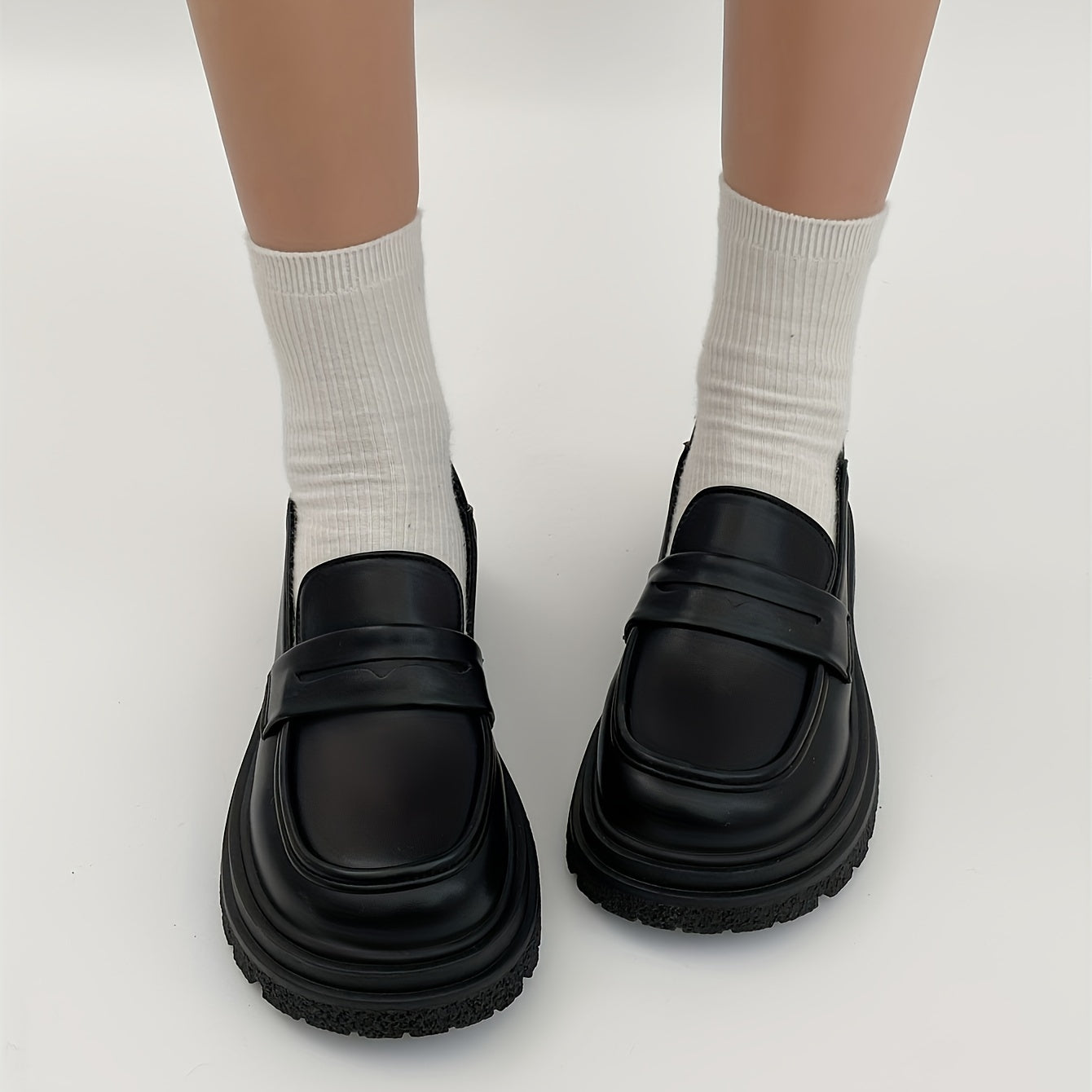 Women's British Style Loafers Slip On Chunky Shoes