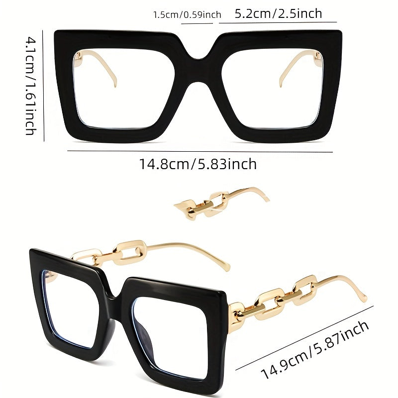 Square Clear Lens Glasses Y2K Chain Temple Anti Light Eyewear