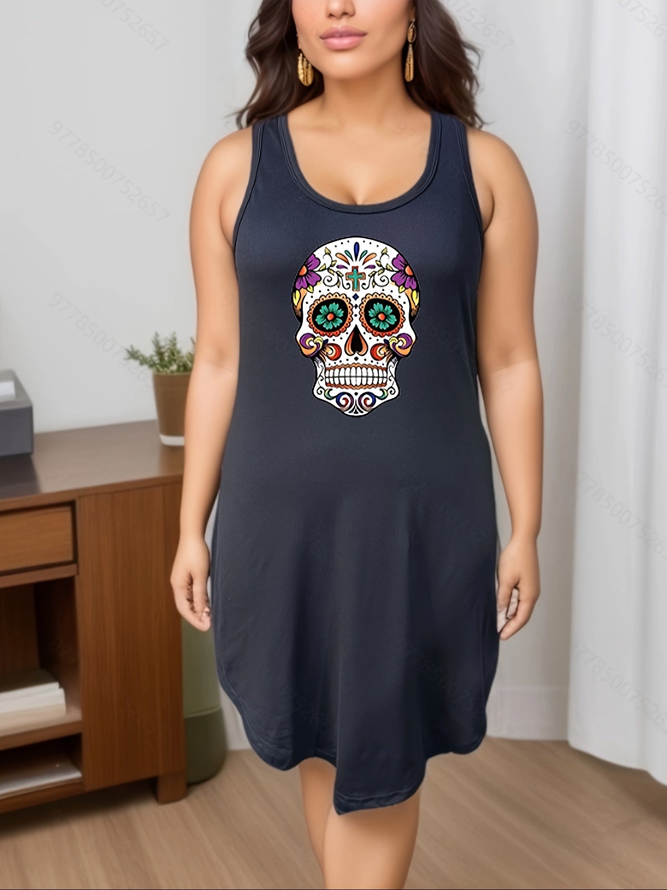  Gothic Loungewear Dress Women's Floral Skull Print Tank Nightdress