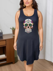  Gothic Loungewear Dress Women's Floral Skull Print Tank Nightdress