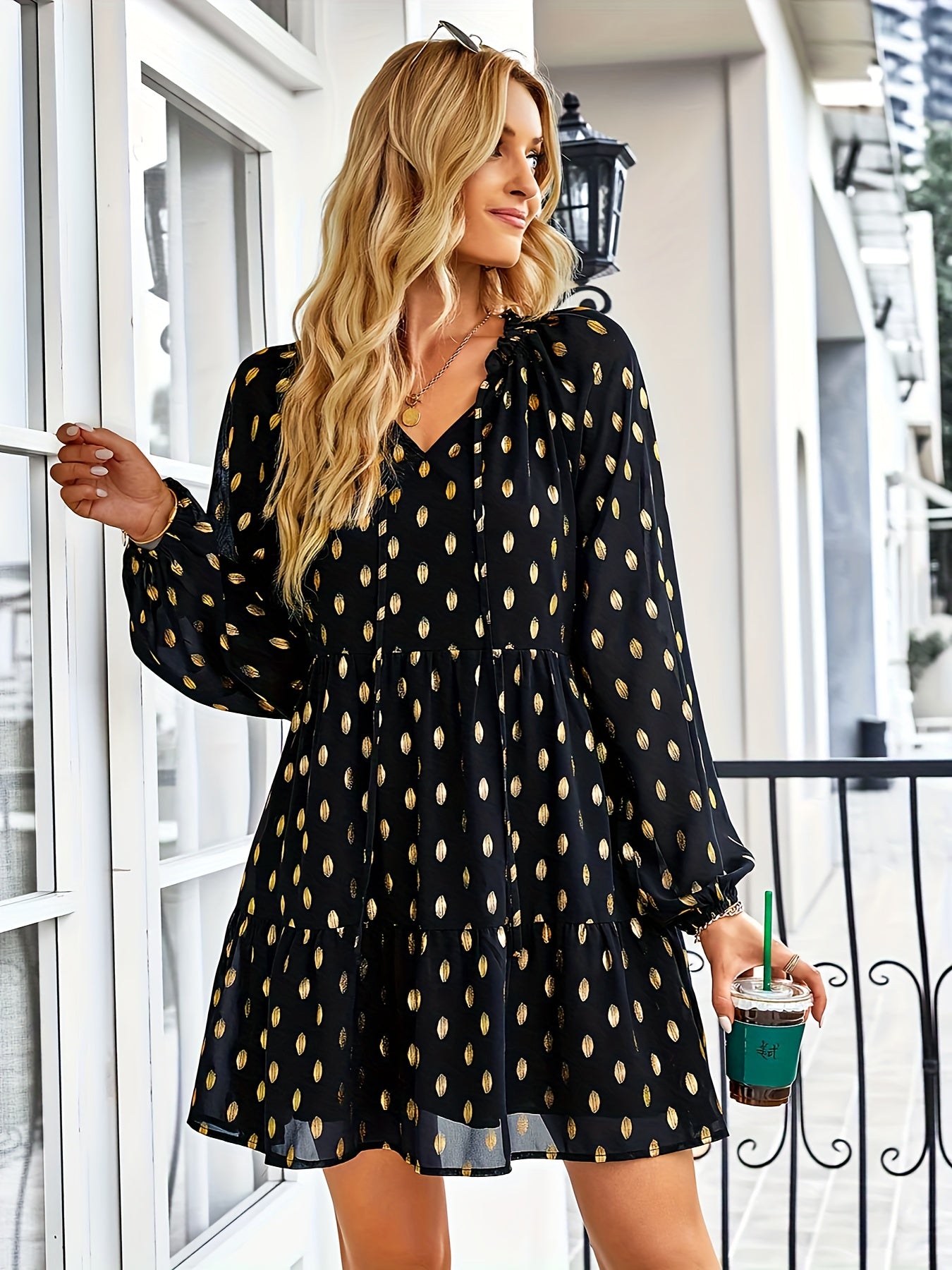  Mini Dress Golden Dot Print Lantern Sleeve