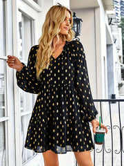  Mini Dress Golden Dot Print Lantern Sleeve