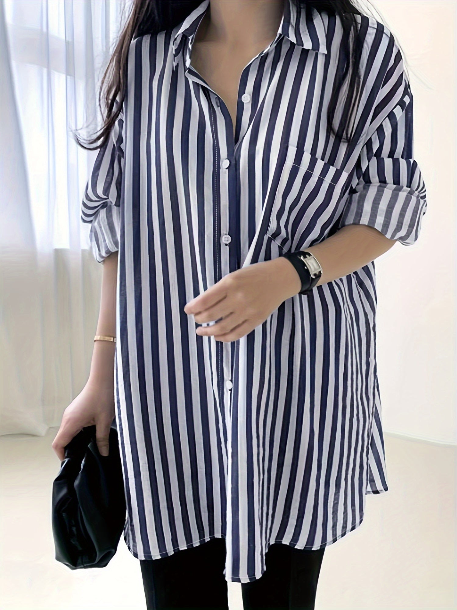  Stripe Print Long Sleeve Button Up Shirt
