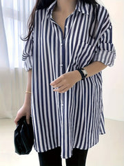  Stripe Print Long Sleeve Button Up Shirt