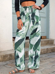Plus Leaf Print Wide Leg Boho Pants High Rise Elastic Drawstring