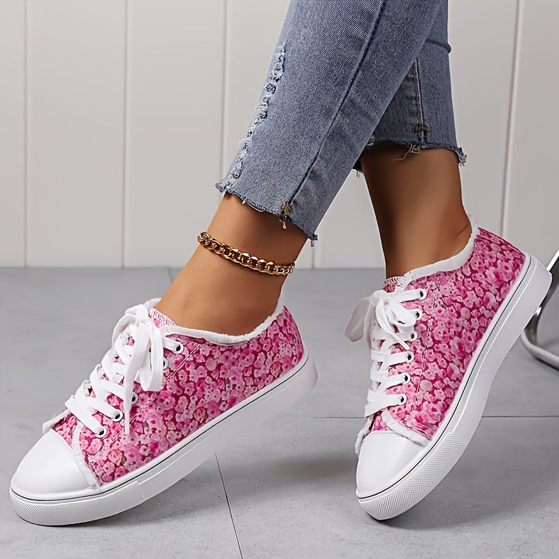 Floral Print Canvas Shoes Lace Up Sneakers Comfortable Low Top