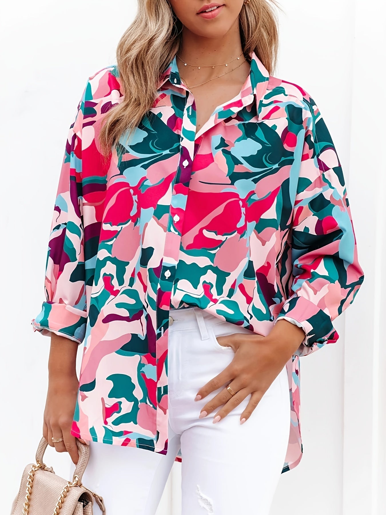  Colorblock Allover Print Button Up Blouse