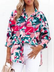  Colorblock Allover Print Button Up Blouse