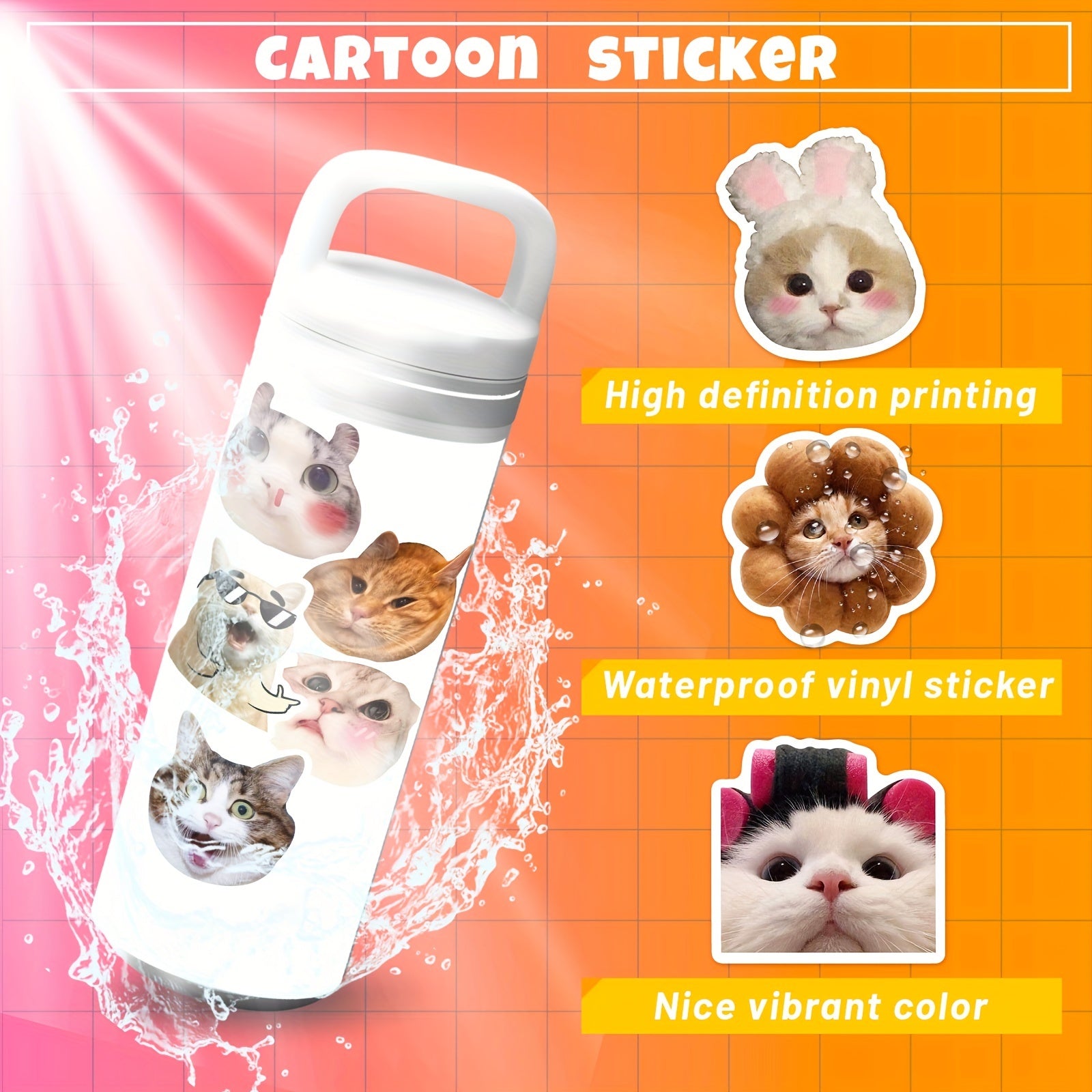 50PCS Cat Waterproof Stickers Vinyl Stickers for Water Bottle Laptop Phone Skate