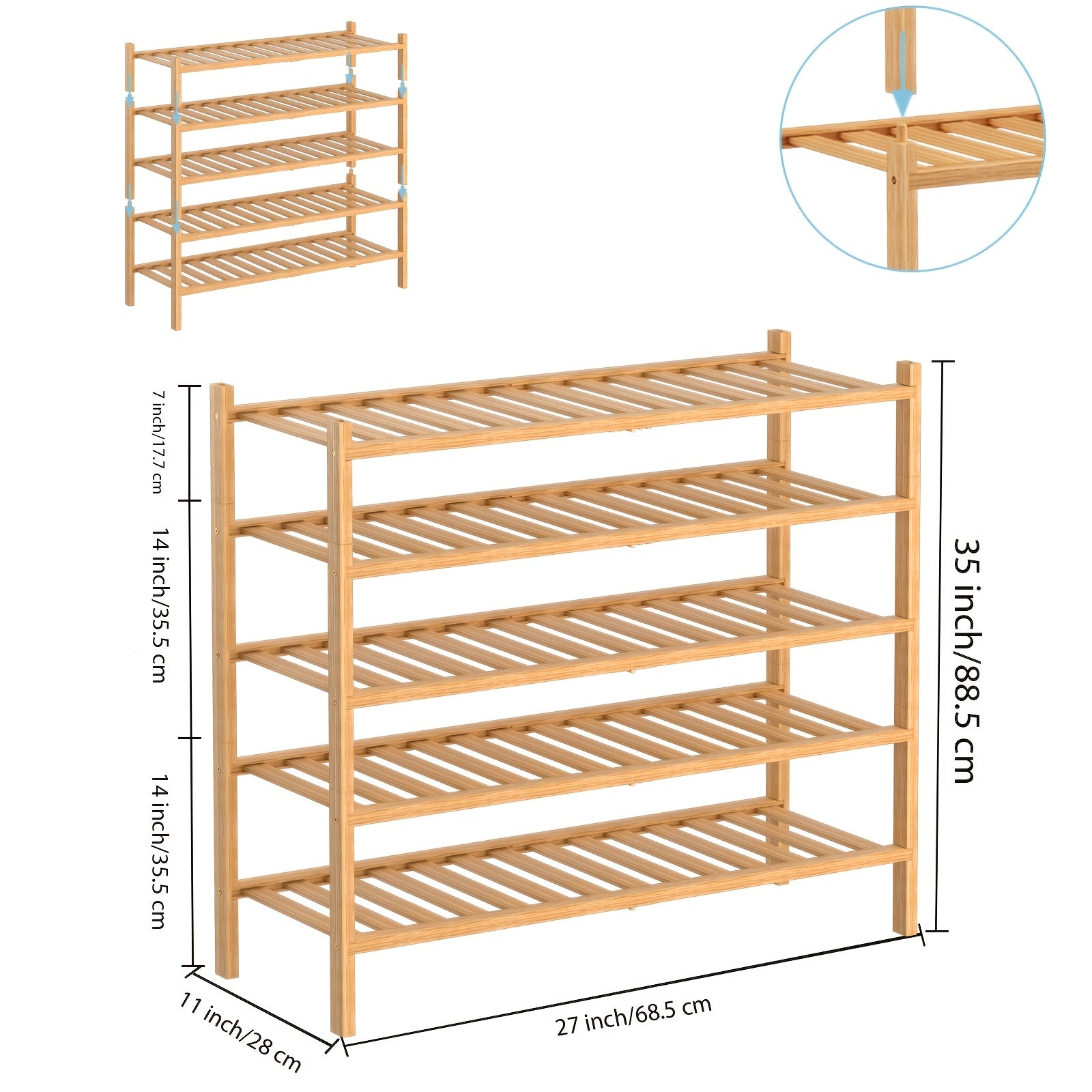 5 Tier Bamboo Shoe Rack Stackable Storage Shelf for Entryway Bedroom Bathroom
