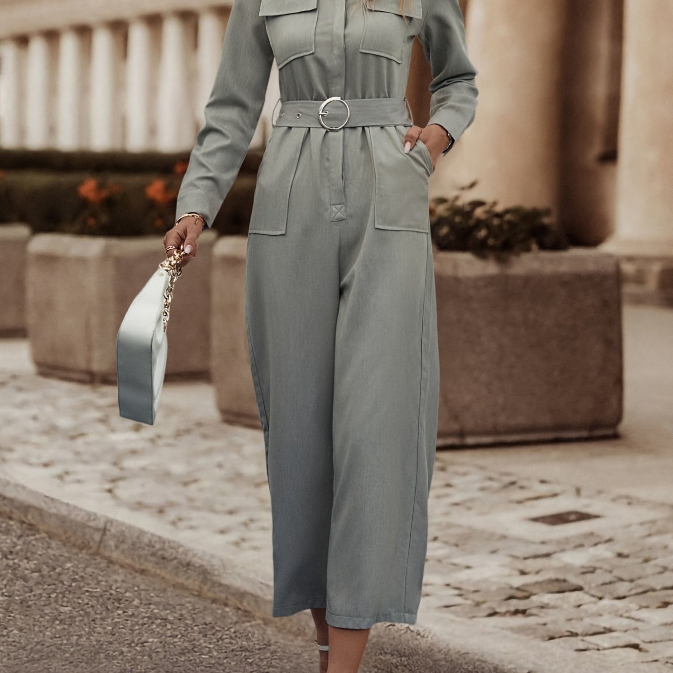 Y2K Belted Cargo Jumpsuit Tunic Long Sleeve Romper