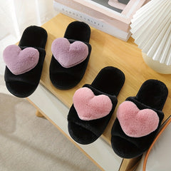 Plush Lined Heart Decor Slippers, Open Toe, Comfortable Indoor Shoes