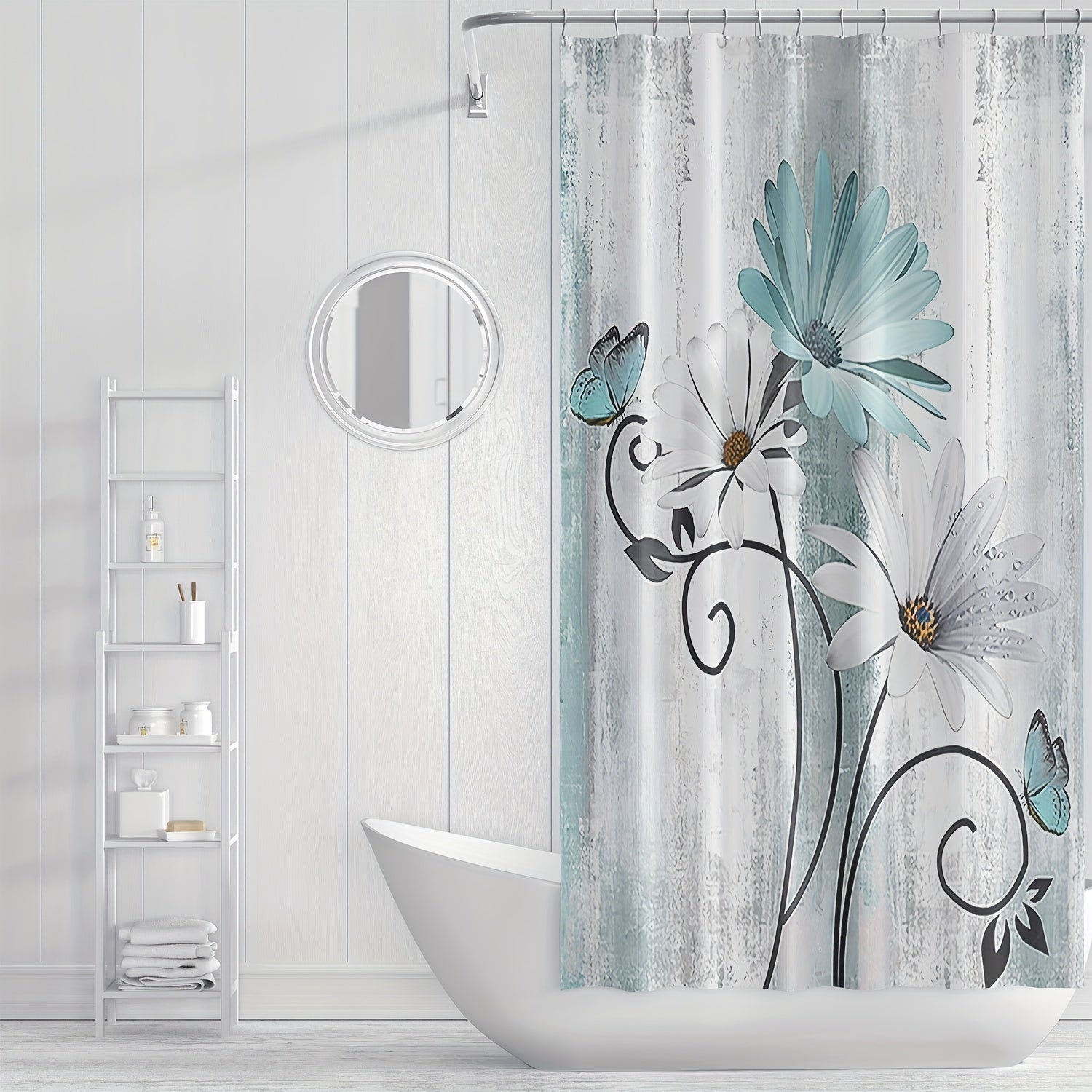 Floral Pattern Shower Curtain Waterproof Fabric Bathroom Decor