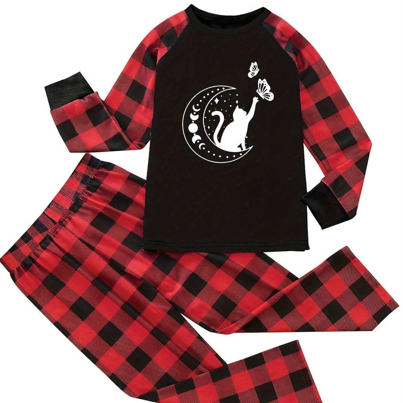  Moon & Cat Print Raglan Sleeve Top & Plaid Pants Lounge Set