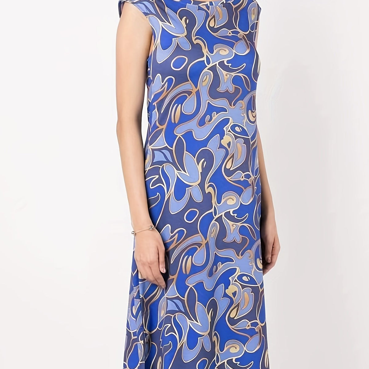  Abstract Print Cap Sleeve Stretch Split Dress