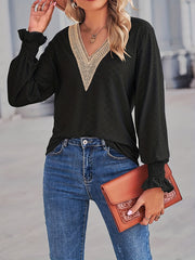  Colorblock Lace Lantern Sleeve V Neck Top