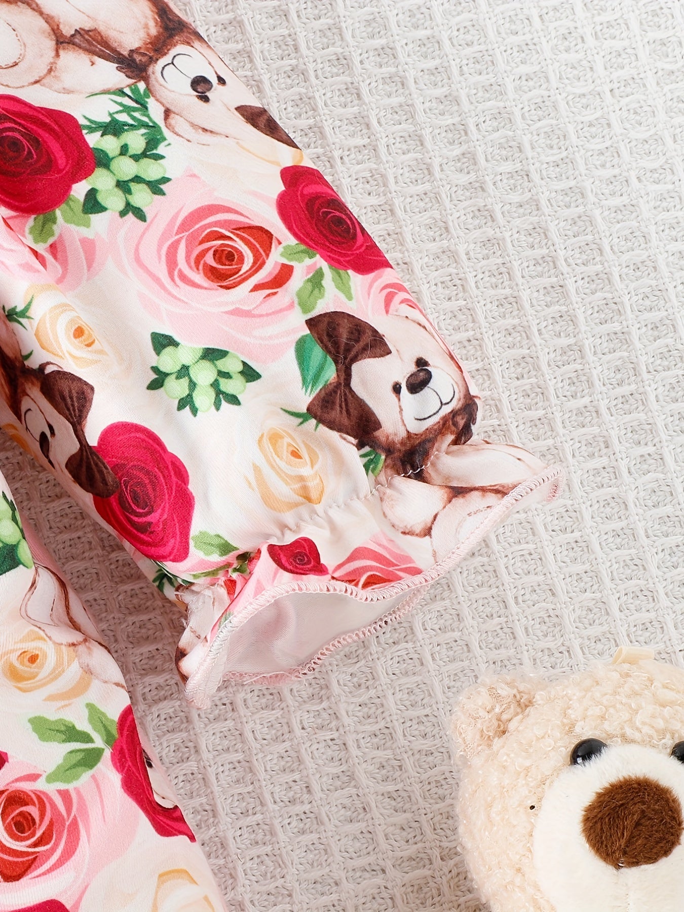 Baby Girl Bear Flower Embroidered Patchwork Button Onesie
