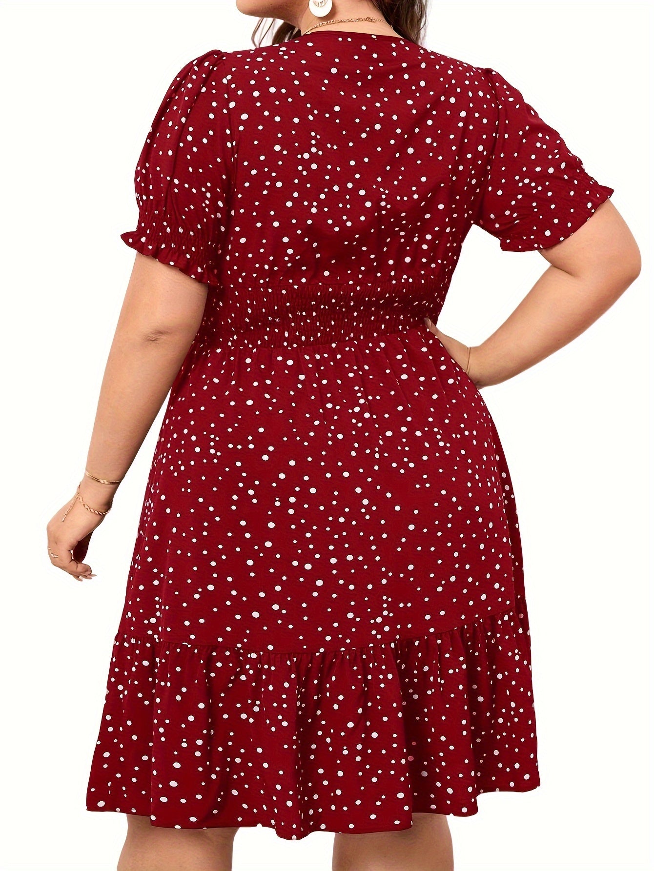  Dot Print Puff Sleeve V Neck Knee Length Dress