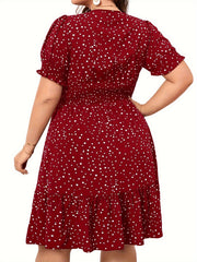  Dot Print Puff Sleeve V Neck Knee Length Dress