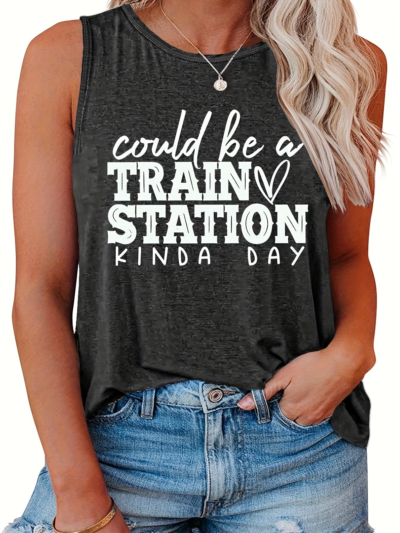  Casual Tank Top Women's Plus Slogan Print Round Neck Tank Top