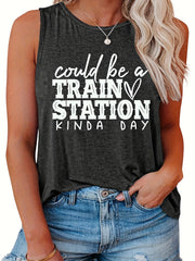  Casual Tank Top Women's Plus Slogan Print Round Neck Tank Top