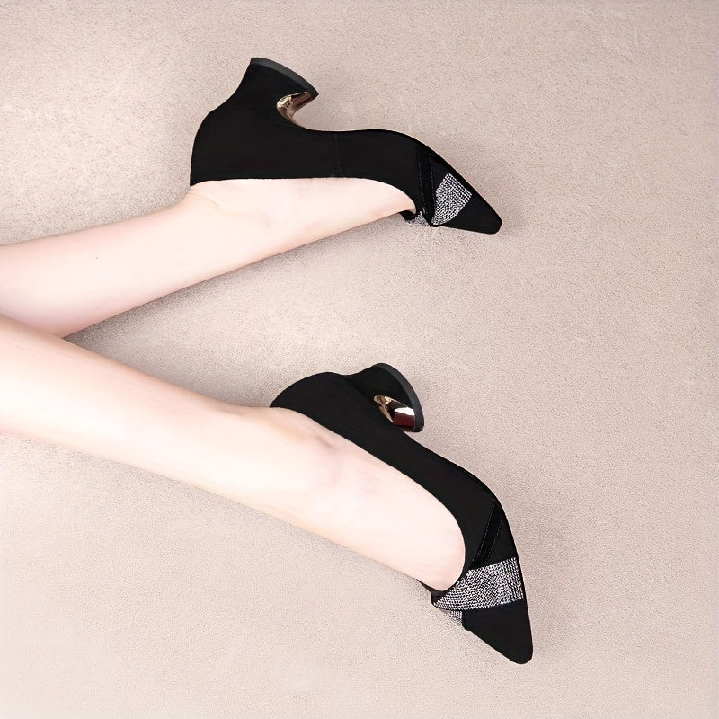 Women's Rhinestone Mid Heeled Pumps Pointed Toe Slip On Chunky Heels