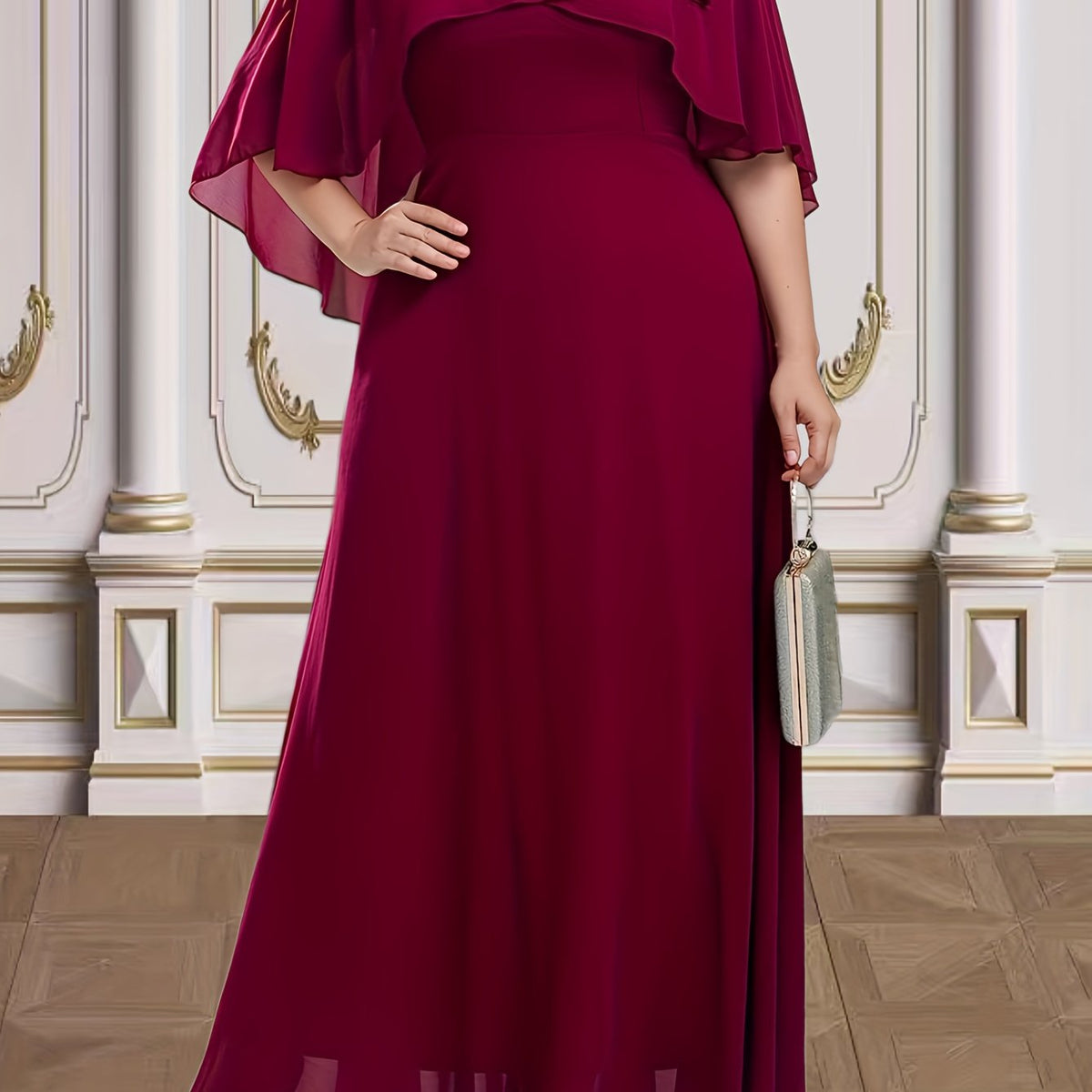  Floral Appliques Wrap Cape Sleeve Party Dress