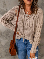  Casual Sweater Solid Chunky Ripped Lace Up Long Sleeve Hooded Pullover